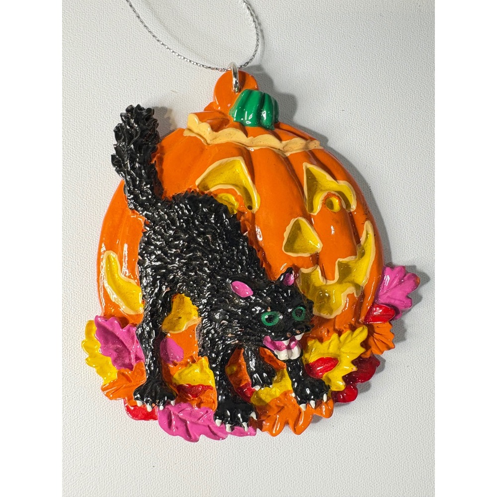 Vintage BBD Black Cat Halloween Pumpkin Jack-O-Lantern Ornament Autumn Leaves